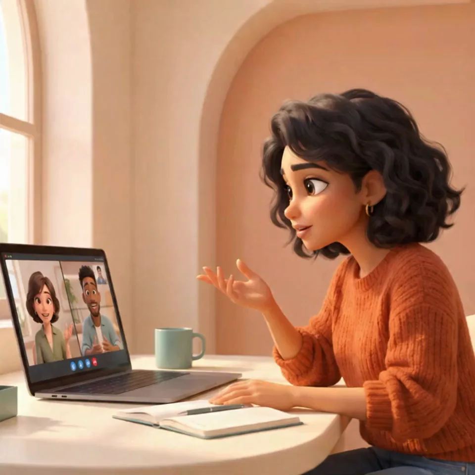 An overwhelmed cartoon woman juggling handwritten notes and a laptop video call with two teammates